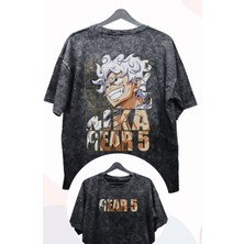 Unisex Sırt Baskılı One Piece Gear 5 Luffy Vintage Tişört, Oversize Anime Baskılı Yıkamalı T-Shirt