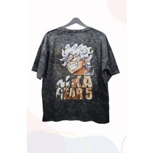 Unisex Sırt Baskılı One Piece Gear 5 Luffy Vintage Tişört, Oversize Anime Baskılı Yıkamalı T-Shirt