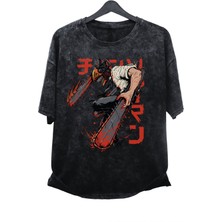 Unisex Chainsaw Man Eskitme Tişört, Oversize Anime Baskılı Yıkamalı T-Shirt