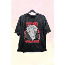 Fuddy Moda Unisex Yuji Itadori Jjk Eskitme Tişört, Oversize Anime Baskılı Yıkamalı T-Shirt