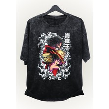 Fuddy Moda Unisex Onepiece Luffy And Gol D. Roger Baskılı Yıkamalı Tişört,oversize Anime Baskılı Retro T-Shirt