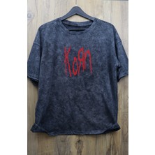 Fuddy Moda Unisex The Korn Sırt Baskılı Yıkamalı Tişört, Oversize Rock-Metal Baskılı Vintage T-Shirt