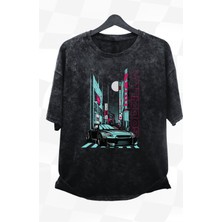 Fuddy Moda Unisex Nissan Gt-R Godzilla Baskılı Yıkamalı Tişört, Oversize Araba Baskılı Retro T-Shirt