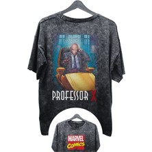 Unisex Professor x Baskılı Yıkamalı Tişört, Oversize Marvel Comics Baskılı Eskitme T-Shirt