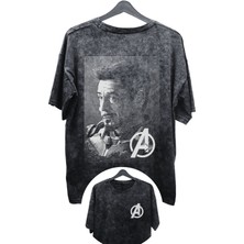 Unisex Demir Adam Baskılı Yıkamalı Tişört, Oversize Avengers Baskılı Eskitme T-Shirt