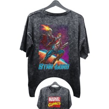 Unisex Star Lord Baskılı Yıkamalı Tişört, Oversize Marvel Comics Baskılı Vintage T-Shirt