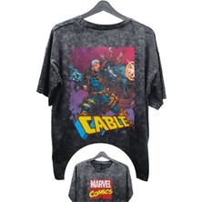 Fuddy Moda Unisex Cable Baskılı Yıkamalı Tişört, Oversize Marvel Comics Baskılı Eskitme T-Shirt
