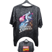 Unisex Silver Surfer Baskılı Yıkamalı Tişört, Oversize Marvel Comics Baskılı Retro T-Shirt