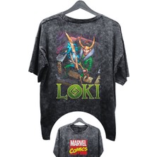Unisex Loki Baskılı Yıkamalı Tişört, Oversize Marvel Comics Baskılı Vintage T-Shirt