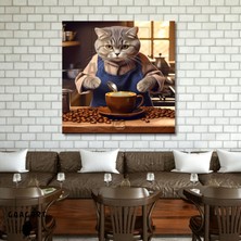 Kare Kanvas Kahve Köşesi Cafe Tablosu Barista Gri British Kedi