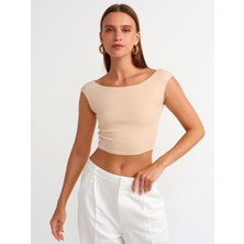 Dilvin 20869 Kayık Yaka Crop Top-Açık Bej