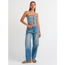 71502 Ince Kemerli Denim Balon Pantolon-Mavi