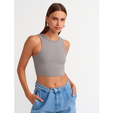 Dilvin 20820 Dikiş Efektli Crop Top-Gri