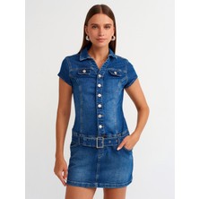 90539 Düğmeli Denim Mini Elbise-Mavi