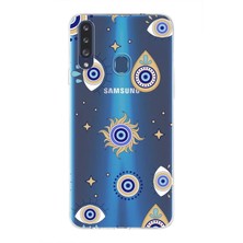 Printify Samsung Galaxy A20S ile Uyumlu 1mm Slim Fit Nazar Boncuğu 5 Baskılı Şeffaf Silikon Kılıf