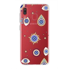 Printify Samsung Galaxy A20 ile Uyumlu 1mm Slim Fit Nazar Boncuğu 5 Baskılı Şeffaf Silikon Kılıf