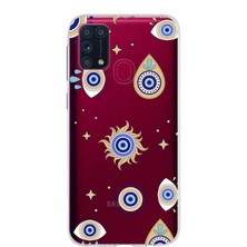 Printify Samsung Galaxy M31 ile Uyumlu 1mm Slim Fit Nazar Boncuğu 5 Baskılı Şeffaf Silikon Kılıf