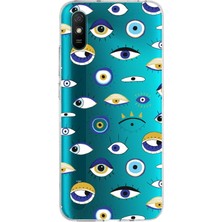 Printify Xiaomi Redmi 9A ile Uyumlu 1mm Slim Fit Nazar Boncuğu 2 Baskılı Şeffaf Silikon Kılıf