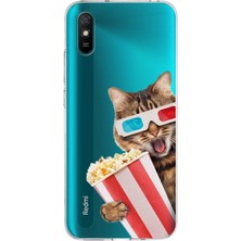 Printify Xiaomi Redmi 9A ile Uyumlu 1mm Slim Fit Kedi 1 050B Baskılı Şeffaf Silikon Kılıf