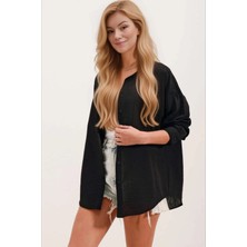 Hazelin Kadın Siyah Tek Cepli Oversize Keten Ayrobin Gömlek HZL24S-BD1201531
