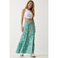 Hazelin Kadın Yeşil Çiçek Desenli Beli Lastikli Volanlı Uzun Viskon Etek HZL24S-BD180071