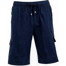 Miami Beach Lacivert Kargo Cepli Beli Lastikli Unisex Keten Şort  %100 Pamuk