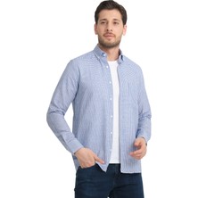 Varetta Erkek Mavi Keten Efektli Kareli Cepli Geniş Kesim Uzun Kollu Gömlek