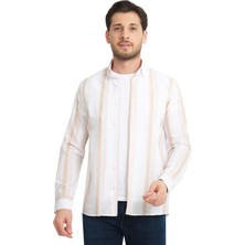 Varetta Erkek Beyaz Taba Çizgili Cepsiz Keten Efektli Geniş Kesim Uzun Kollu Gömlek