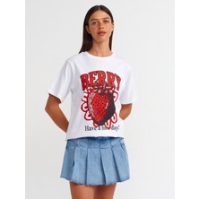 31064 Baskılı Bisiklet Yaka T-Shirt-Beyaz