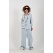Mavi Naturel Keten Beli Lastikli Geniş Paça Pantolon