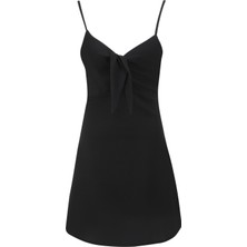 People By Fabrika V Yaka Düz Siyah Mini Kadın Elbise SPBF4SL-ELB5577