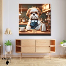 Gaagart Kare Kanvas Kahve Köşesi Cafe Tablosu Barista Shih Tzu Köpek