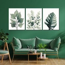 Gaagart 3'lü Kanvas Duvar Tablosu Soft Pastel Yeşil Yaprak Tasarımı
