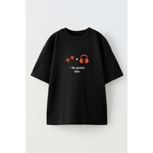 Nmg Tekstil Unisex Siyah Oversize Pamuk Dumbell Kulaklık Body Baskılı Örme T-Shirt