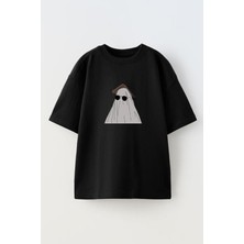 Nmg Tekstil Unisex Siyah Oversize Pamuk Büyük Casper Baskılı Örme T-Shirt