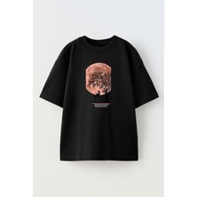 Nmg Tekstil Unisex Siyah Oversize Pamuk Dolunay Çınar Ağacı Baskılı Örme T-Shirt