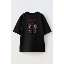 Nmg Tekstil Unisex Siyah Oversize Pamuk Kelebek Metallica Gitar Baskılı Örme T-Shirt