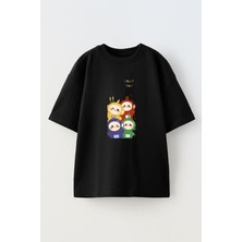 Nmg Tekstil Unisex Siyah Oversize Pamuk Teletabiler Çizim Baskılı Örme T-Shirt