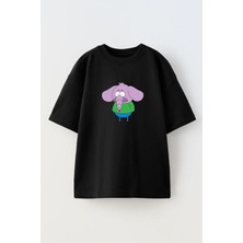 Nmg Tekstil Unisex Siyah Oversize Pamuk Mor Kulaklı Fil Baskılı Örme T-Shirt