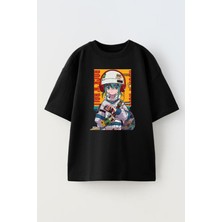 Nmg Tekstil Unisex Siyah Oversize Pamuk Rock Roll Anime Baskılı Örme T-Shirt