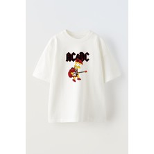 Nmg Tekstil Unisex Beyaz Oversize Pamuk Çocuk Sipson Acdc Baskılı Örme T-Shirt