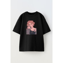Nmg Tekstil Unisex Siyah Oversize Pamuk Kıvırcık Pembe Gözlüklü Kadın Baskılı Örme T-Shirt