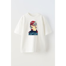 Nmg Tekstil Unisex Beyaz Oversize Pamuk Captain Amerika Silik Baskılı Örme T-Shirt