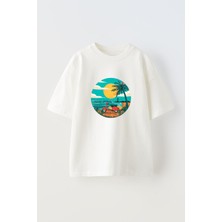 Nmg Tekstil Unisex Beyaz Oversize Pamuk Deniz Plaj Motor Baskılı Örme T-Shirt