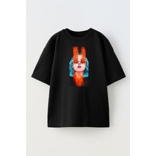 Nmg Tekstil Unisex Siyah Oversize Pamuk Gözler Alev Mavi Saçlı Kız Baskılı Örme T-Shirt
