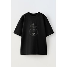 Nmg Tekstil Unisex Siyah Oversize Pamuk Yonca Yaprağı Gitar Baskılı Örme T-Shirt