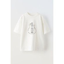 Nmg Tekstil Unisex Beyaz Oversize Pamuk Yonca Yaprağı Gitar Baskılı Örme T-Shirt