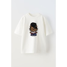 Nmg Tekstil Unisex Beyaz Oversize Pamuk Esmer Hello Kitty Baskılı Örme T-Shirt