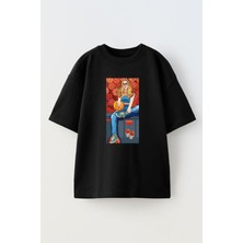 Nmg Tekstil Unisex Siyah Oversize Pamuk Sarı Saçlı Basketbolcu Kız Baskılı Örme T-Shirt