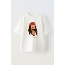 Nmg Tekstil Unisex Beyaz Oversize Pamuk Jack Sıparrov Poster Baskılı Örme T-Shirt